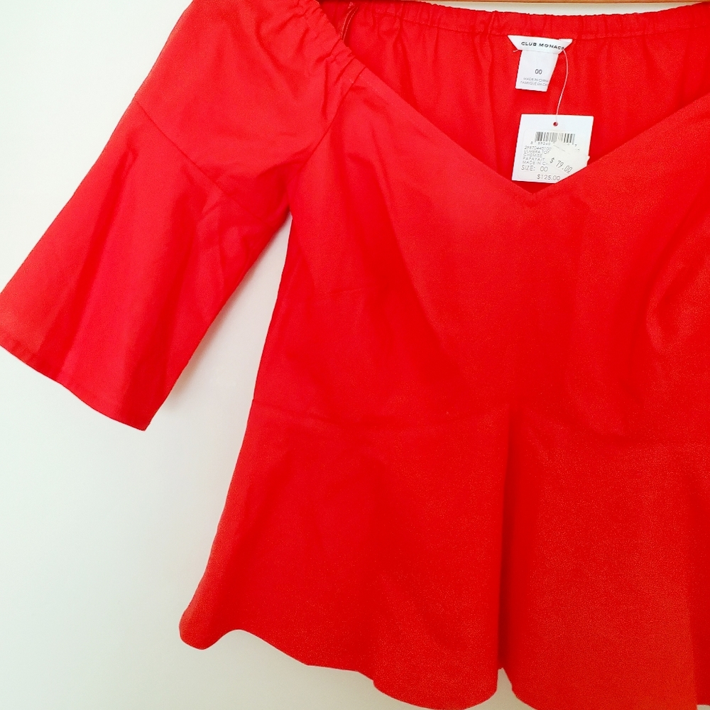 Club Monaco red peplum off shoulder blouse - Picture 2 of 7